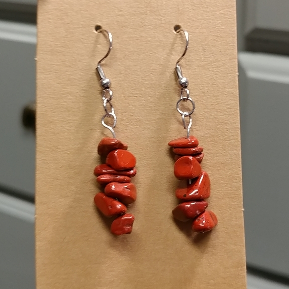 Red Jasper Earrings Natural Gemstone Chip Beaded Surgical Stainless-Steel Dangle - Picture 5 of 12